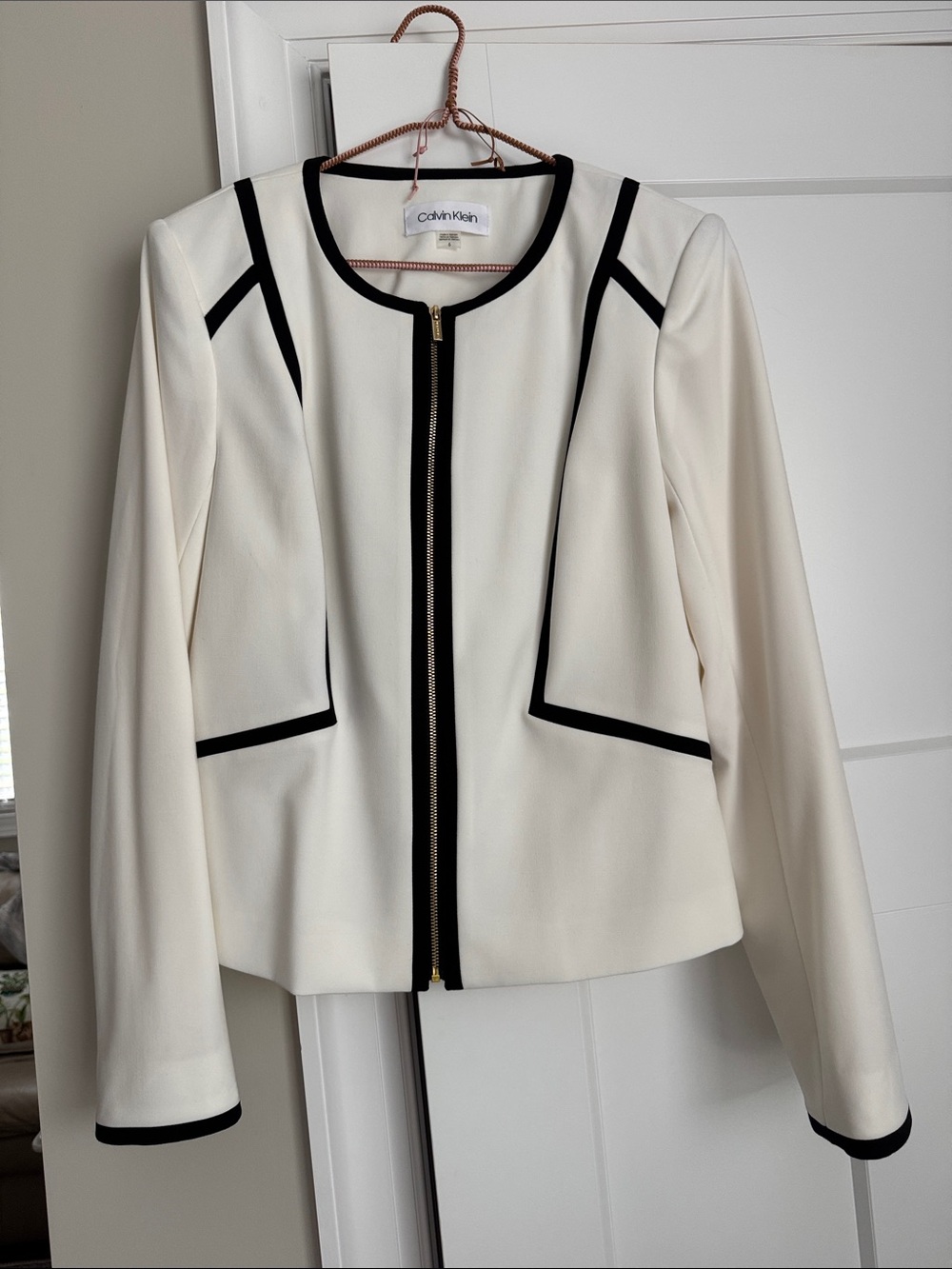 Calvin Klein Cream Zip-Front Blazer with Black Trim